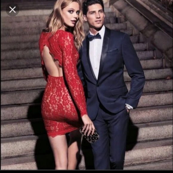 red lace open back dress
